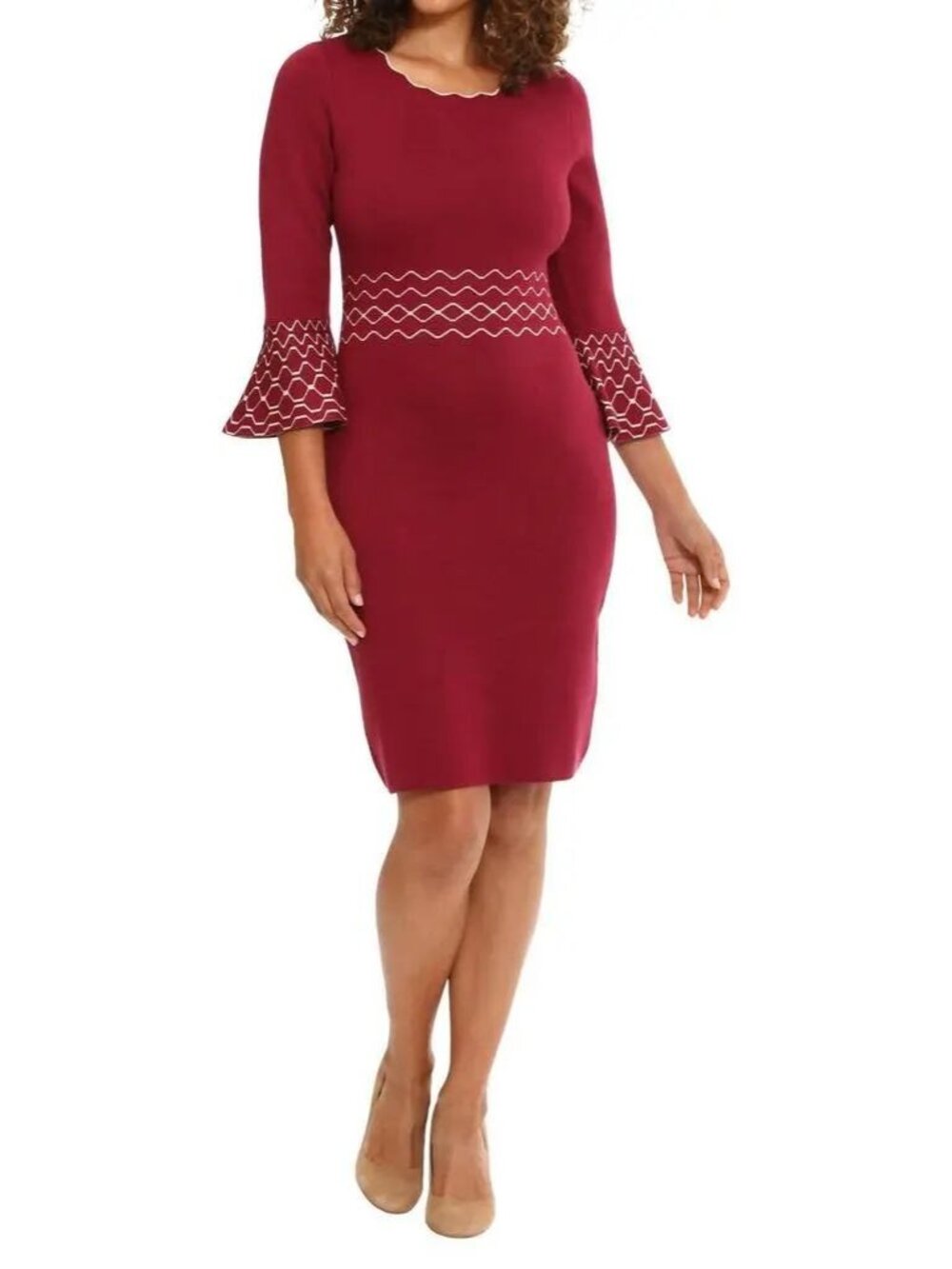 $89 London Times Women's Contrast-Stitch Bell-Sleeve Sweater Dress Size S